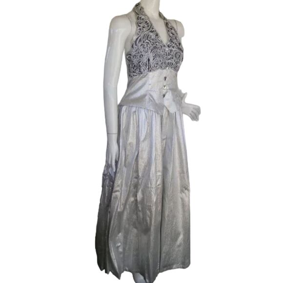 JESSICA McCLINTOCK Gown/Dress, XS/S, Silver Lame, Halter, Embellished Bustline - Picture 3 of 14